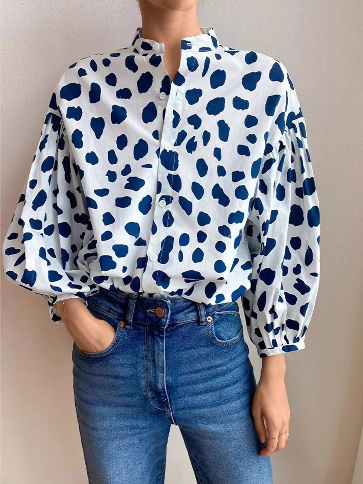 Printed Puff Sleeve Button-Down Shirt - Blue - View 2