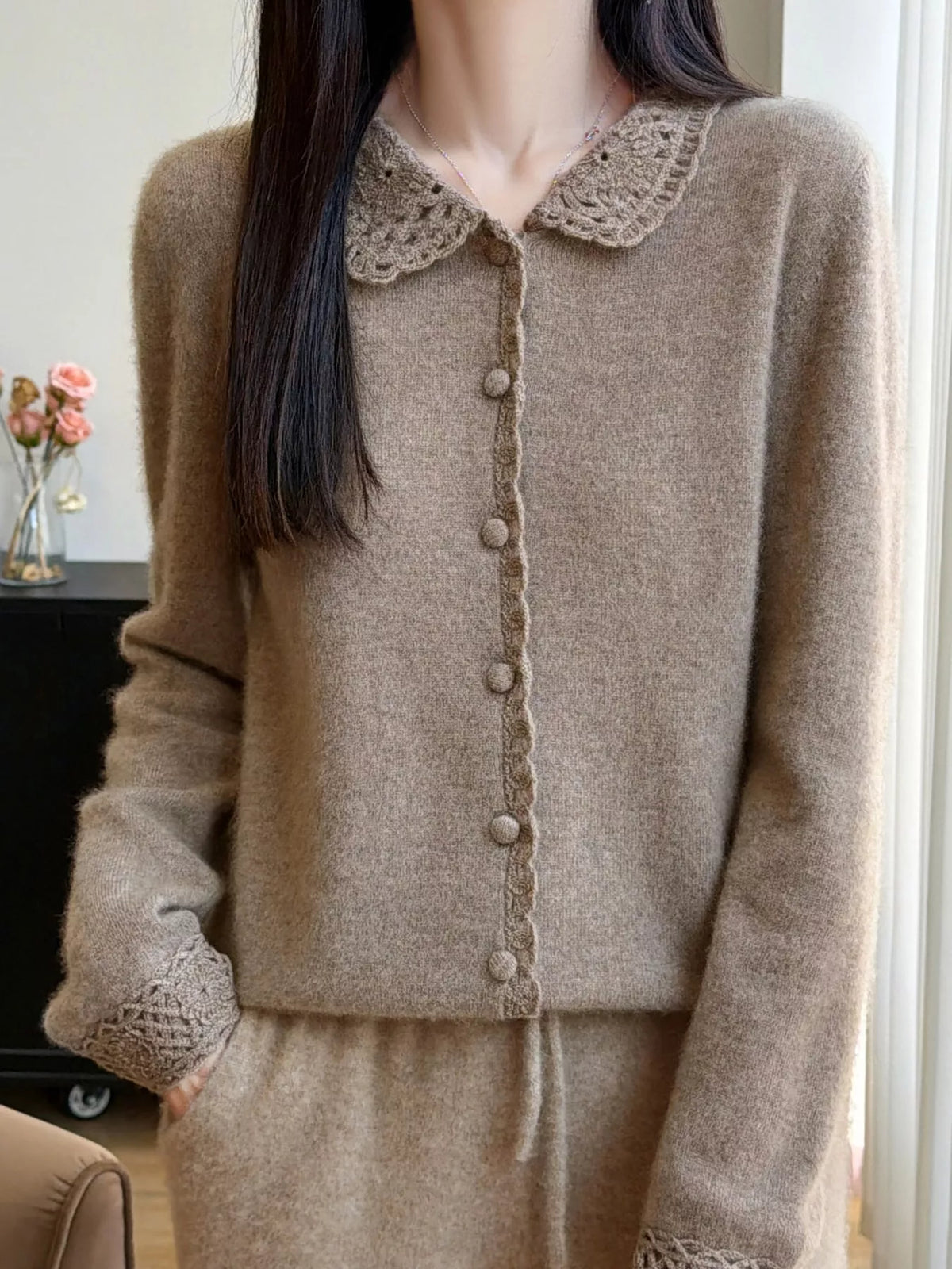 Lace-Collar Button Down Knit Cardigan - Camel - View 9