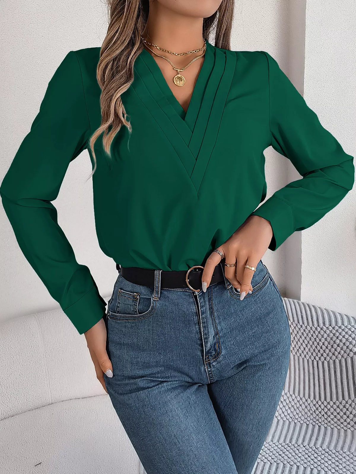 Layered V-Neck Long Sleeve Blouse - Dark Green - View 23