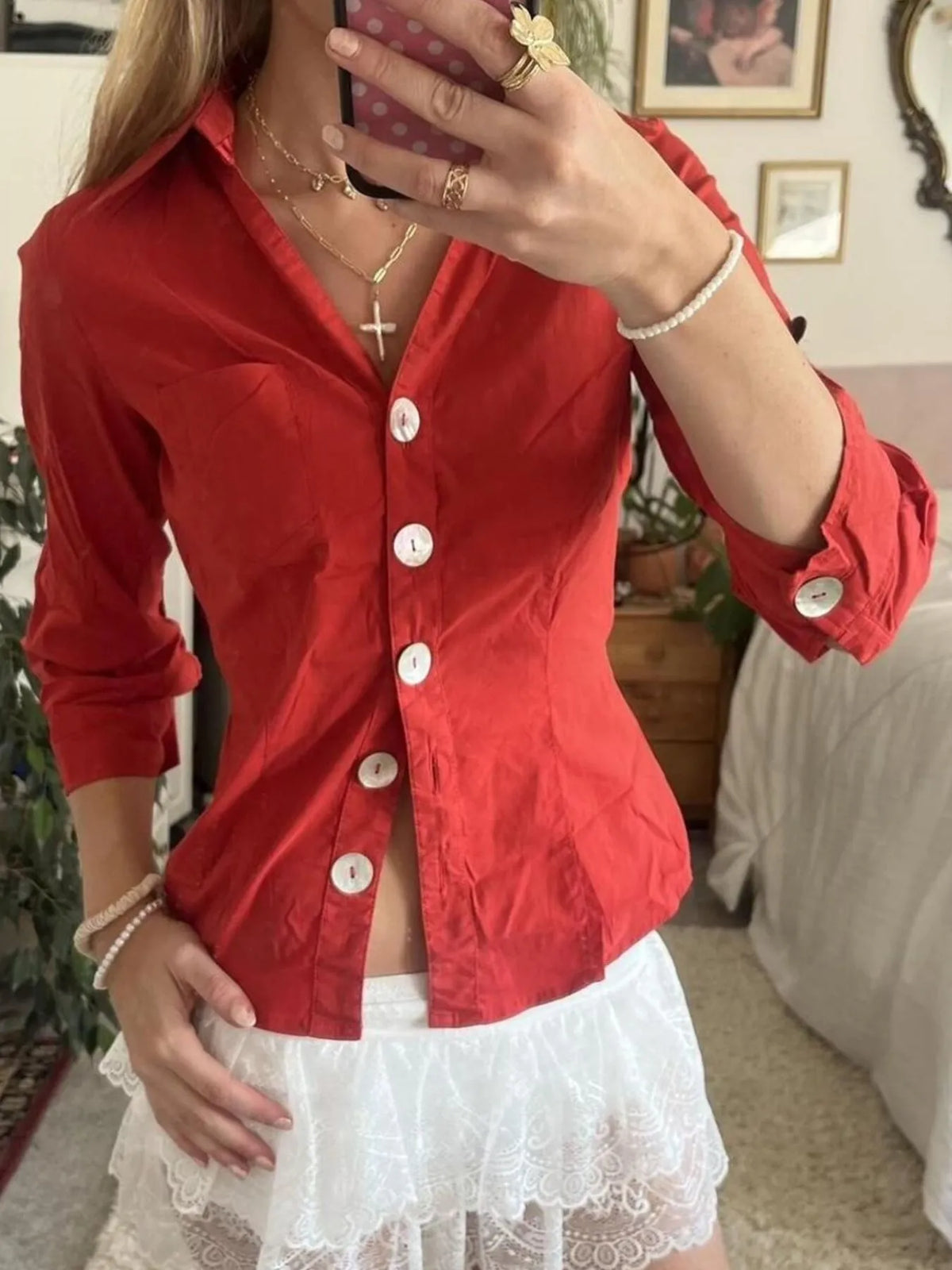 Collared Neck Button-Down Shirt - Red - View 8