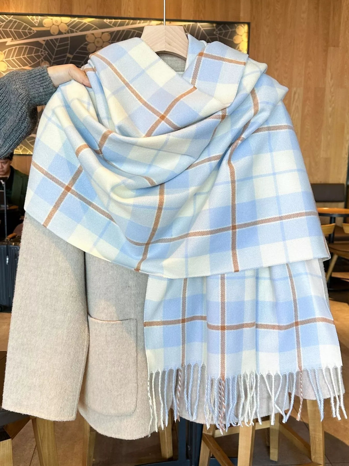 Classic Plaid Fringe Scarf - Sky Blue - View 4