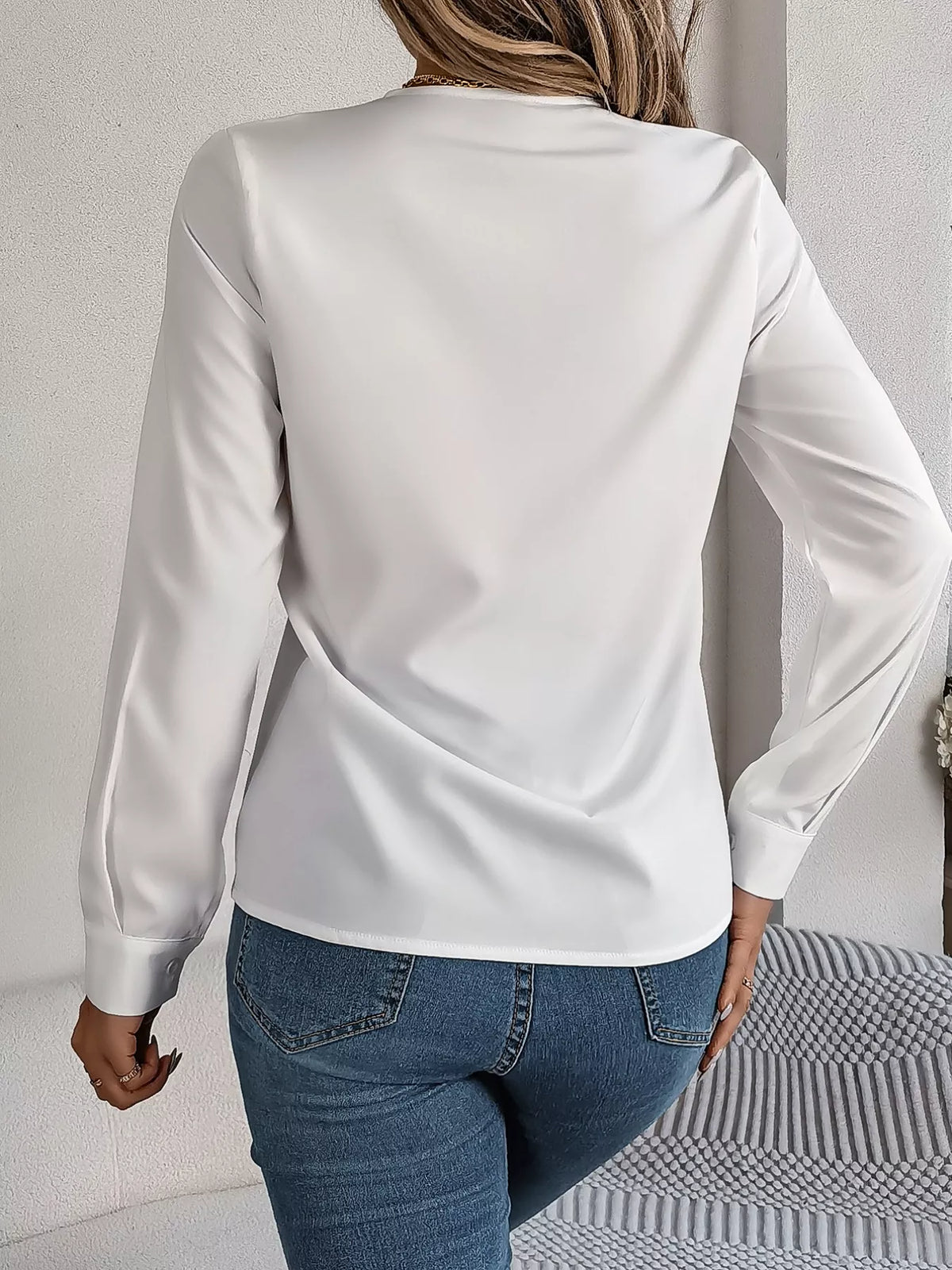 Layered V-Neck Long Sleeve Blouse - White - View 34