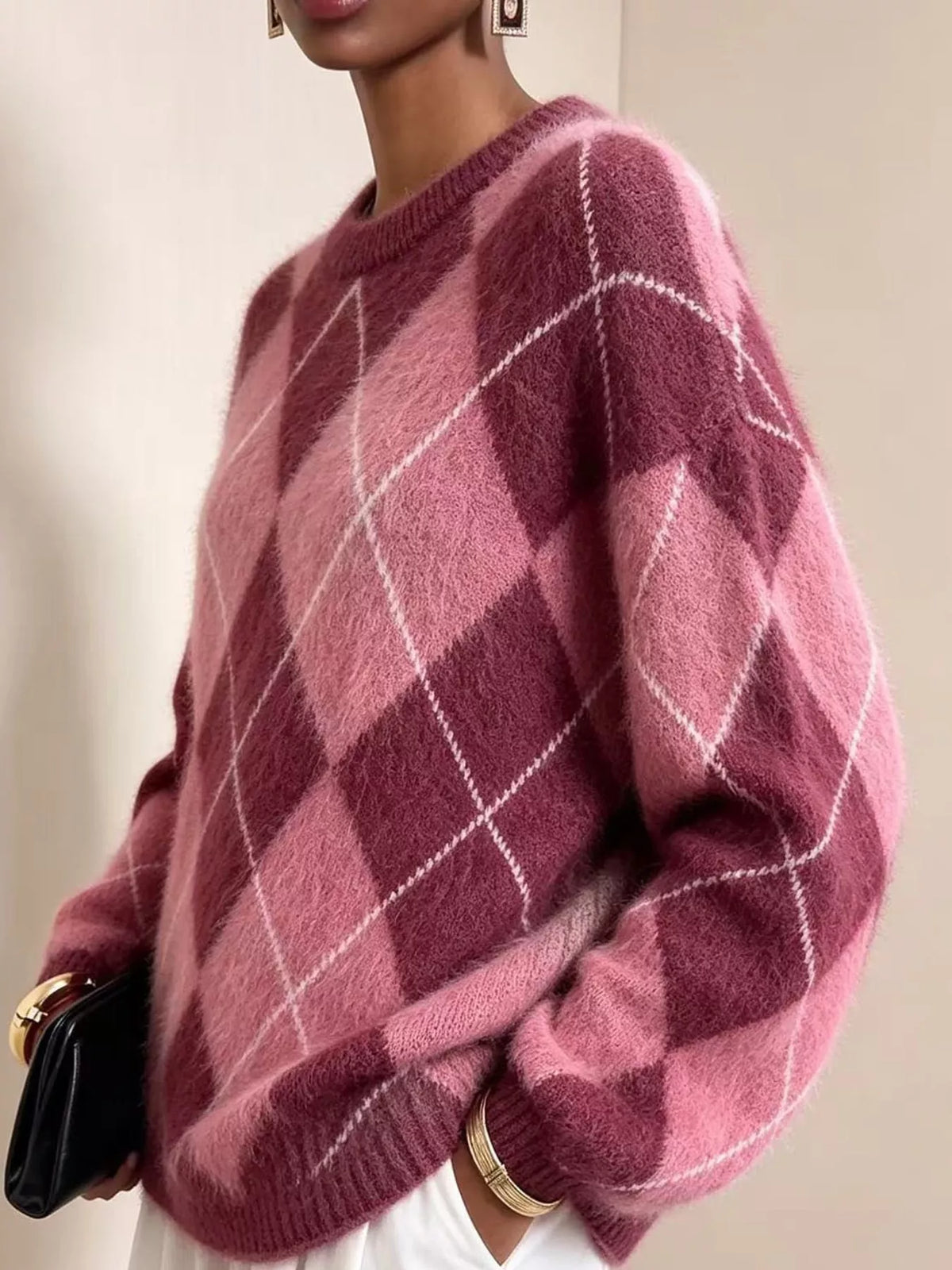 Argyle Pattern Fuzzy Knit Sweater - Fuchsia Red - View 10
