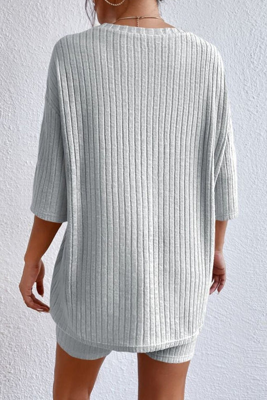 Gray Plain Ribbed Loose Fit Two Piece Lounge Set - Gray - 2