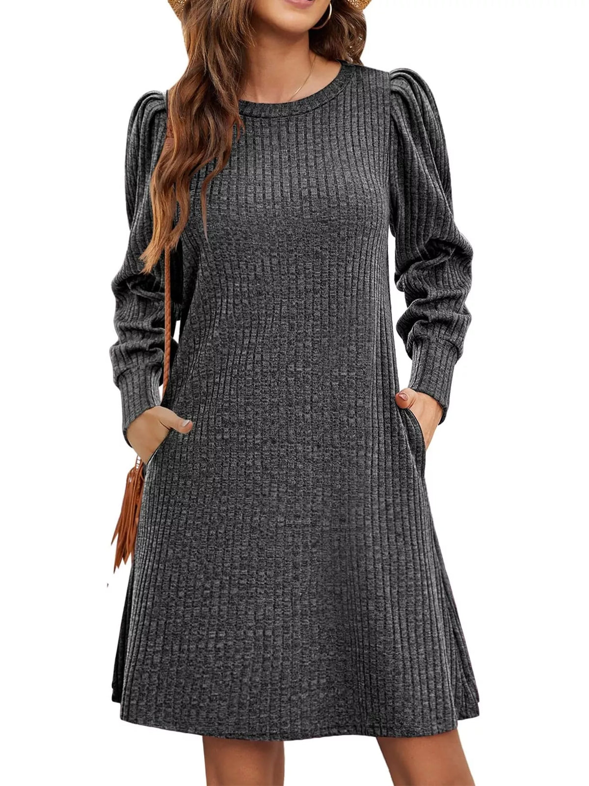 Puff Sleeve Ribbed Knit Dress with Pockets - Grey - View 1