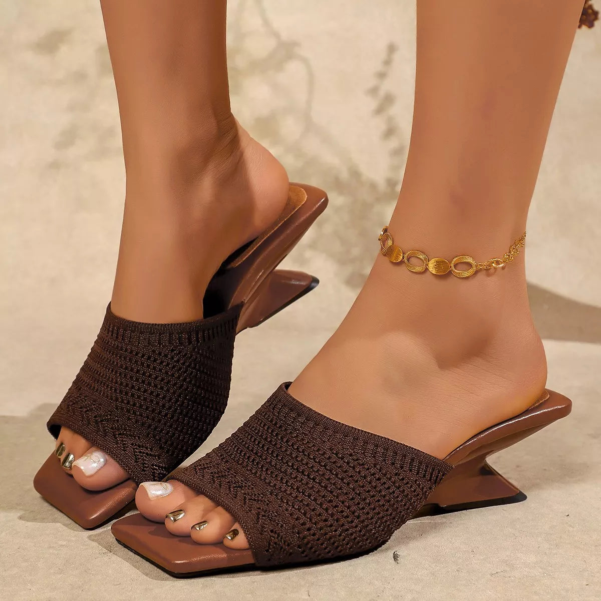Open Toe Block Heels Sandals - Brown - View 1