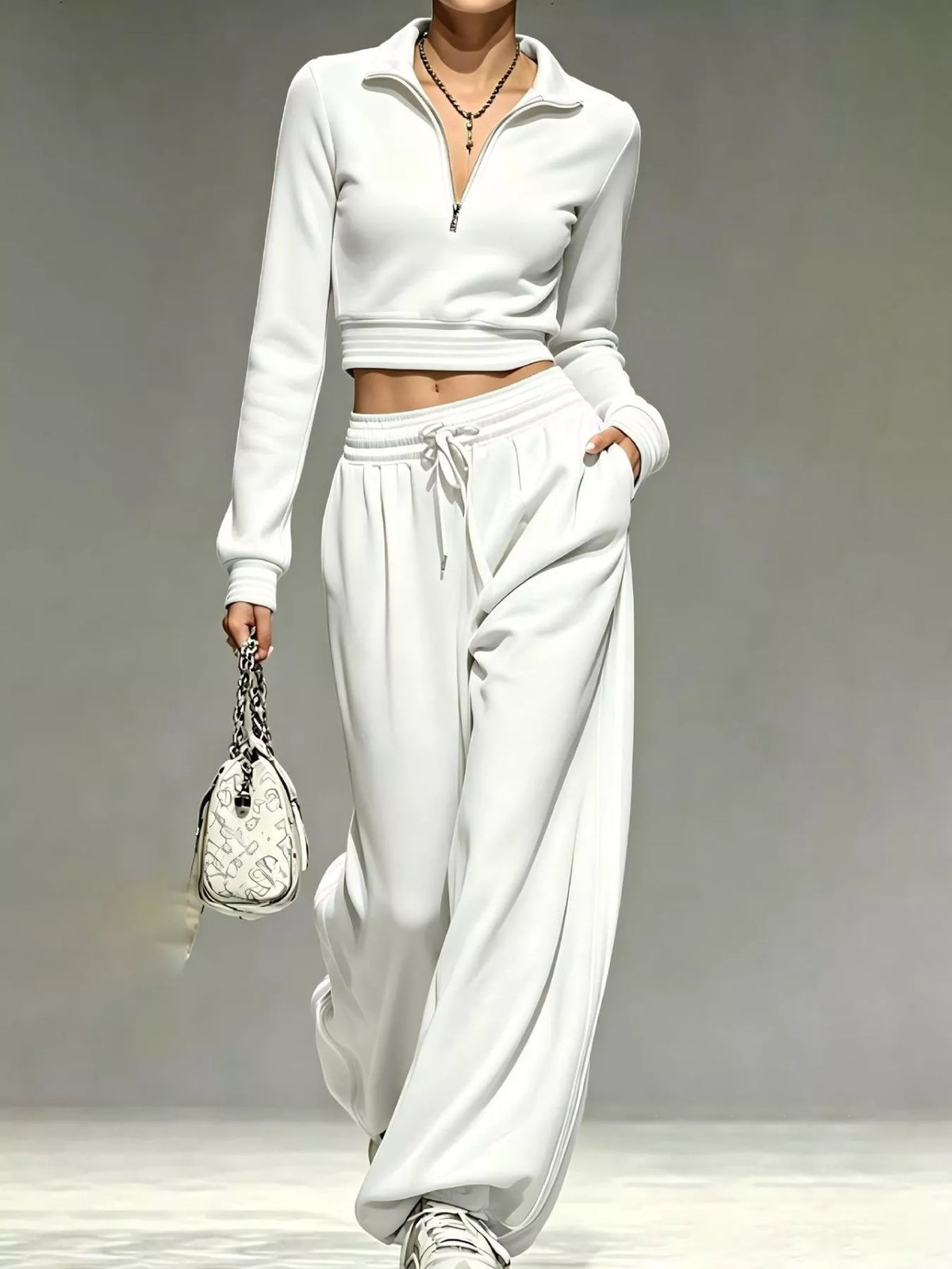 Full Size Half Zip Cropped Top and Pants Set Plus Size - White - View 1