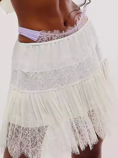 Lace Trim Ruffle Mini Skirt - White - View 2