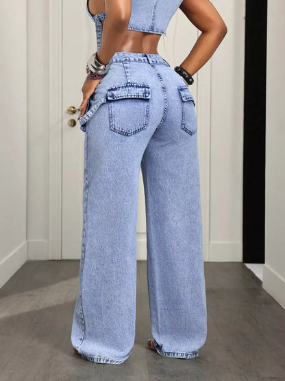 High-Waisted Wide-Leg Cargo Jeans - Blue - View 5