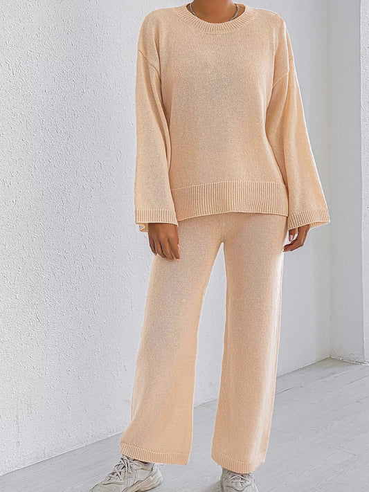 Dropped Shoulder Top and Pants Sweater Set - Apricot Suit - View 1