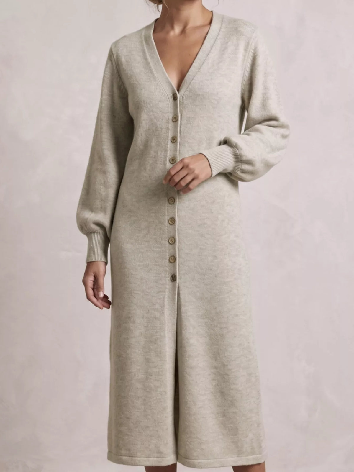Button Front Long Sleeve Sweater Dress - Light Gray - View 2