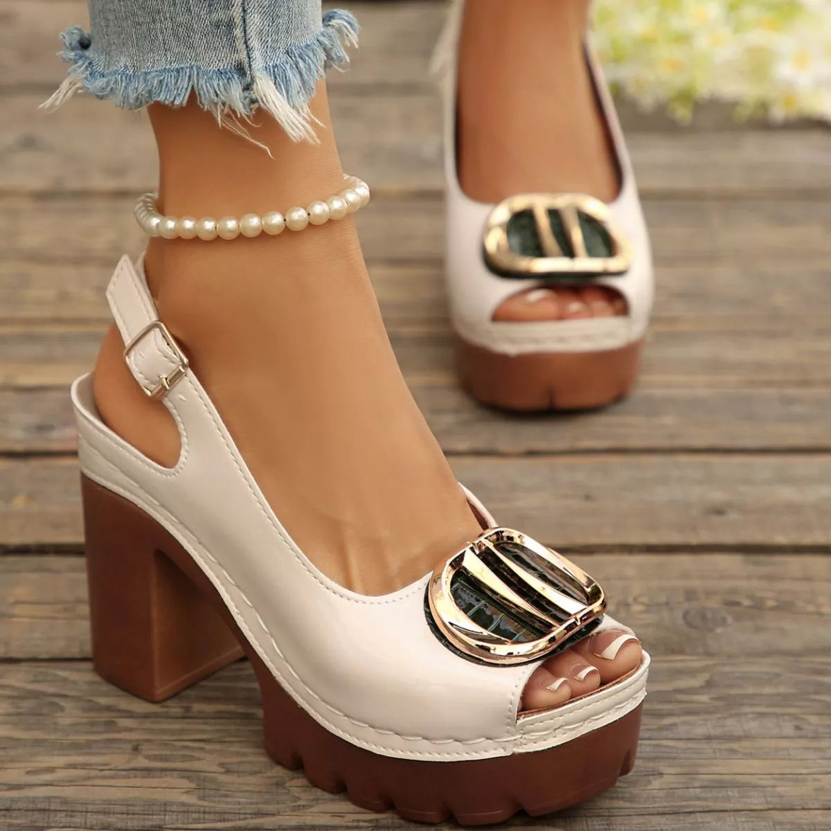 Open Toe Block Heels Sandals - Beige - View 6