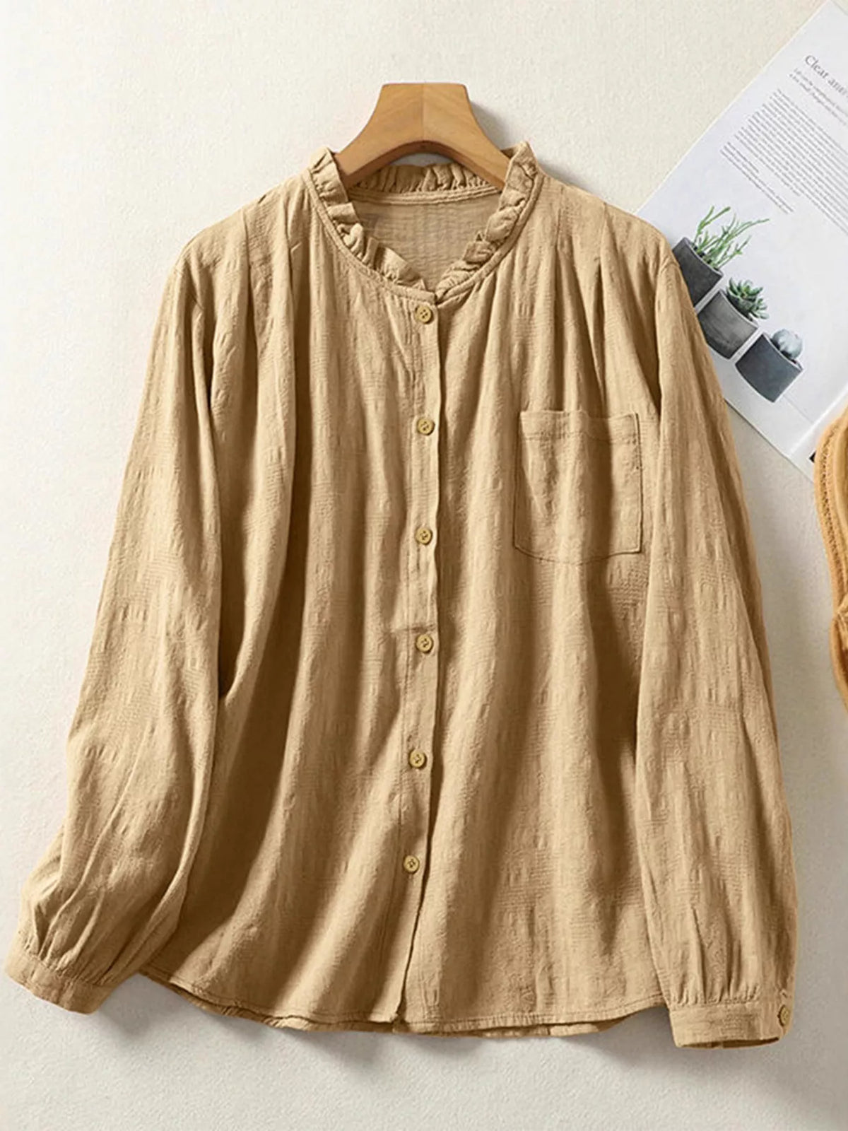 Frill Button Down Long Sleeve Shirt - Yellow - View 1