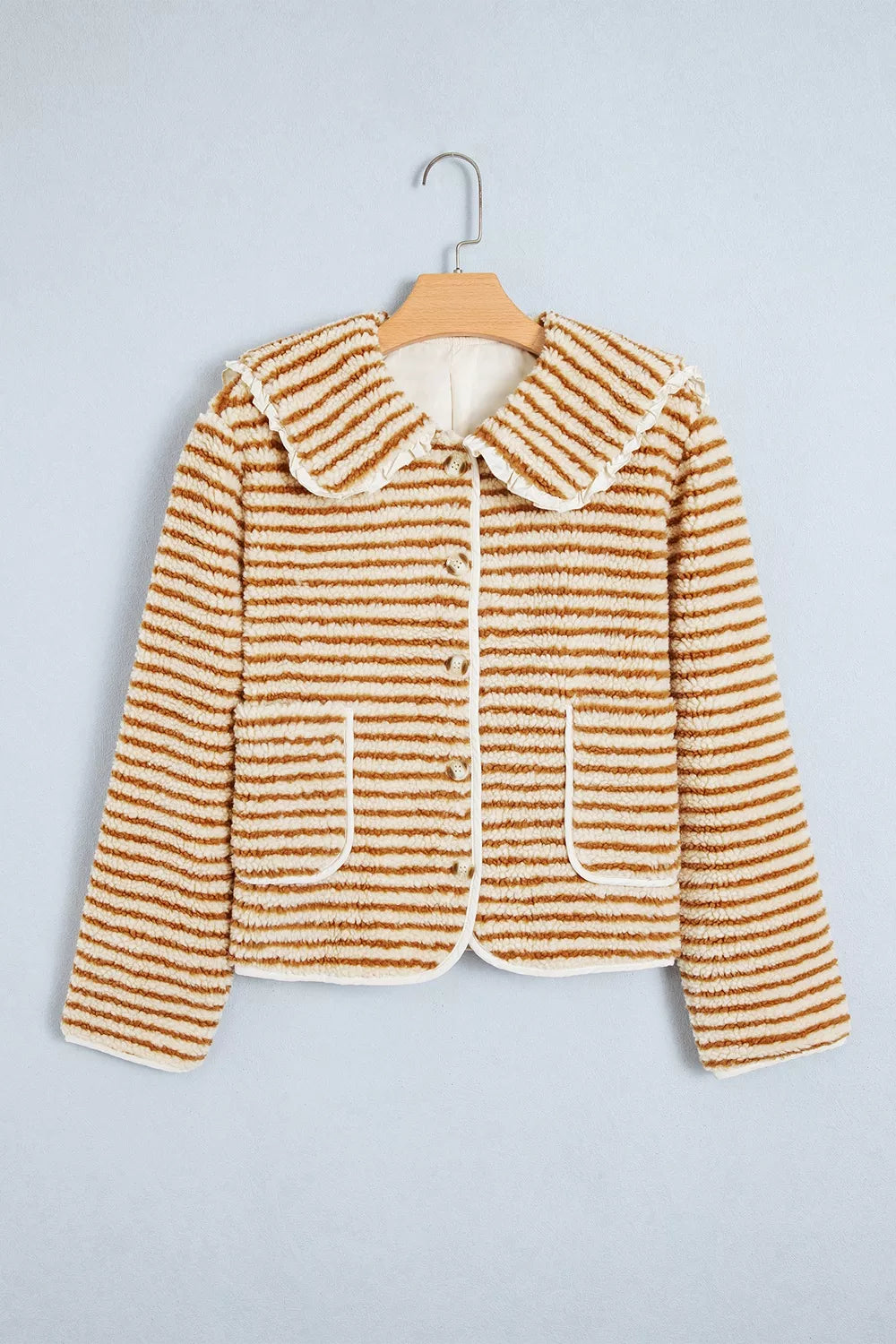 Striped Fleece Button Front Long Sleeve Regular Fit Jacket - Tan - View 8