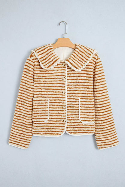 Striped Fleece Button Front Long Sleeve Regular Fit Jacket - Tan - View 8