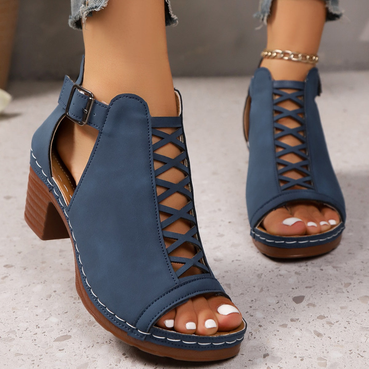 Open Toe Block Heels Sandals - Navy Blue - View 16