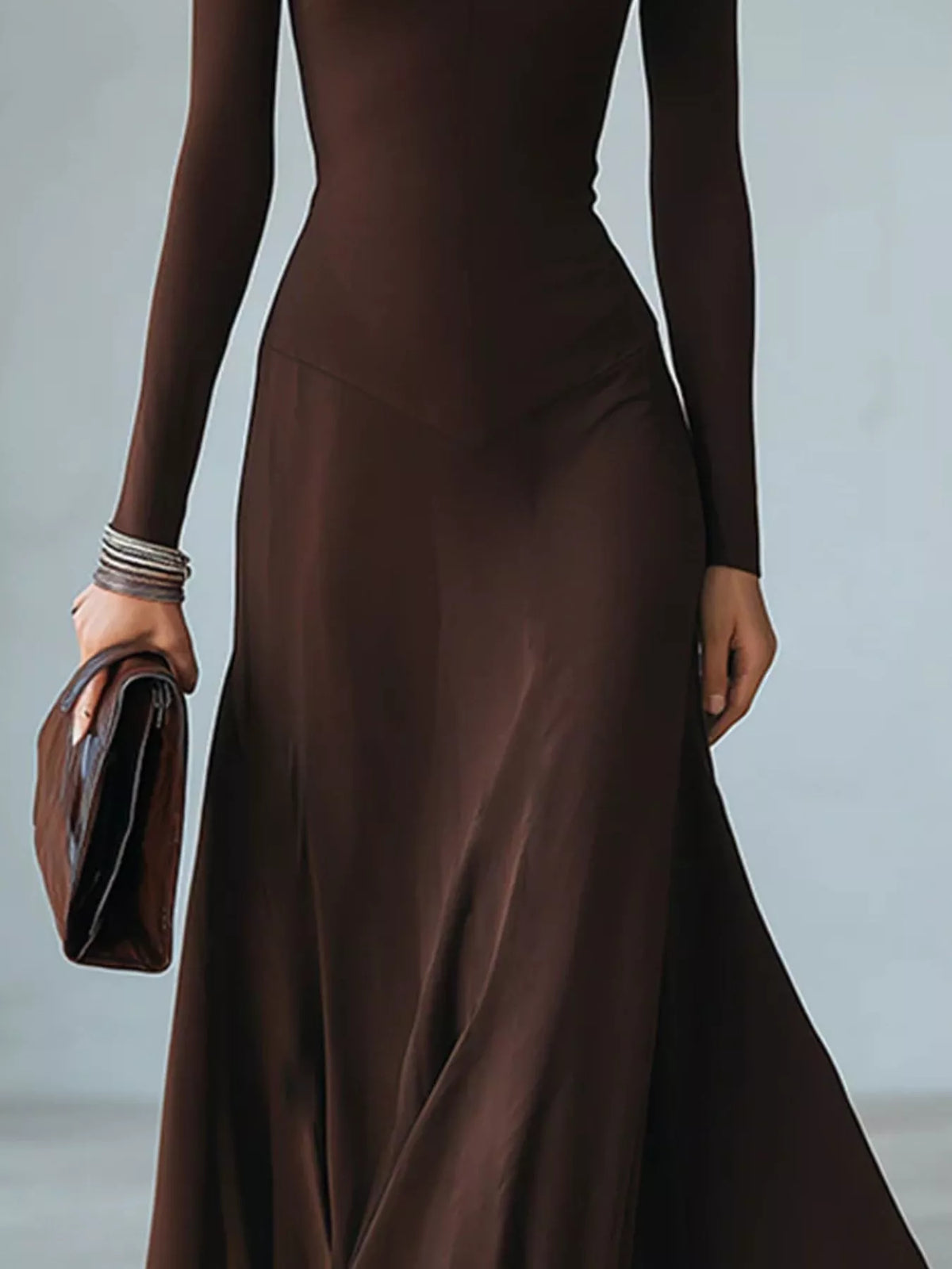 Full Size Mock Neck Cut-Out Long Sleeve Midi Dress Plus Size - Dark Brown - View 3