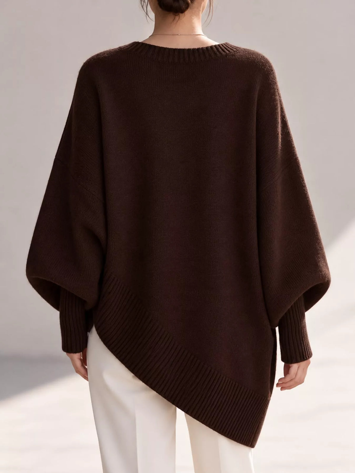 Full Size V-Neck Oversized Batwing Sleeve Sweater Plus Size - Coffee - View 40