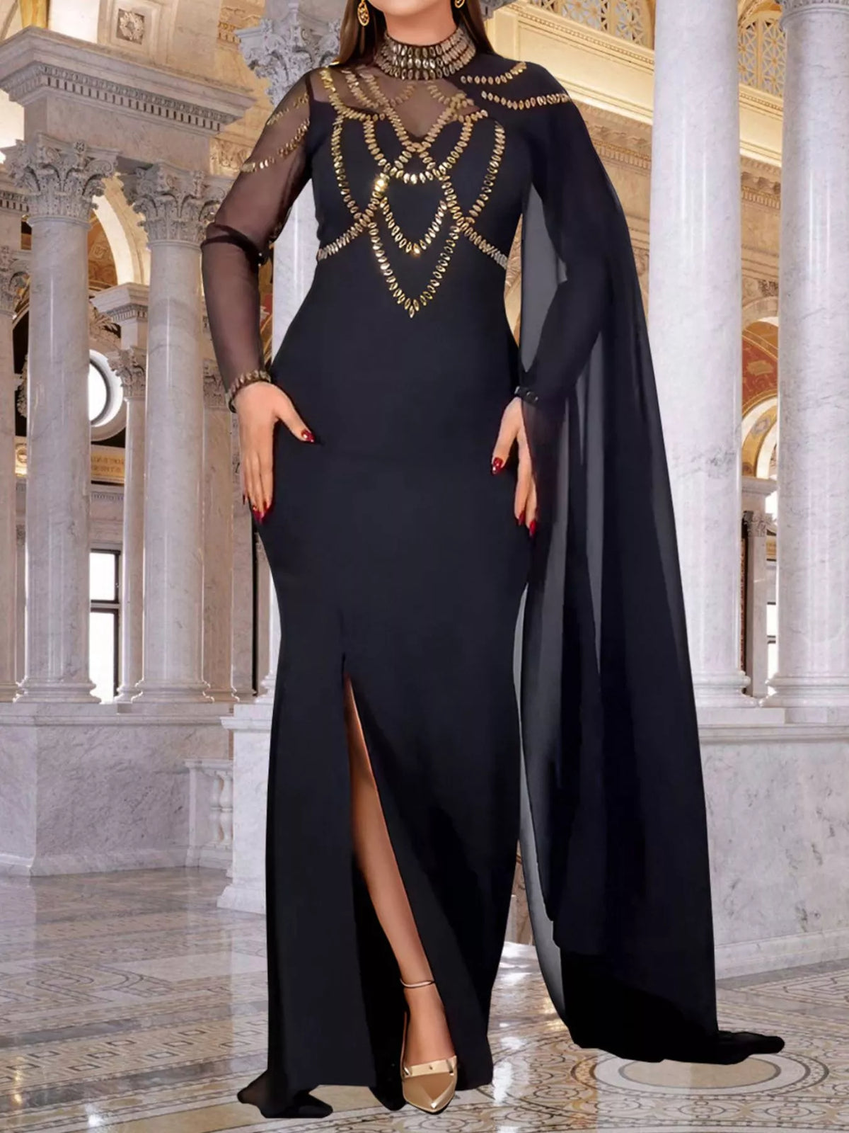 Rhinestone Slit Maxi Dress with Sheer Cape Sleeves - Gold - View 1