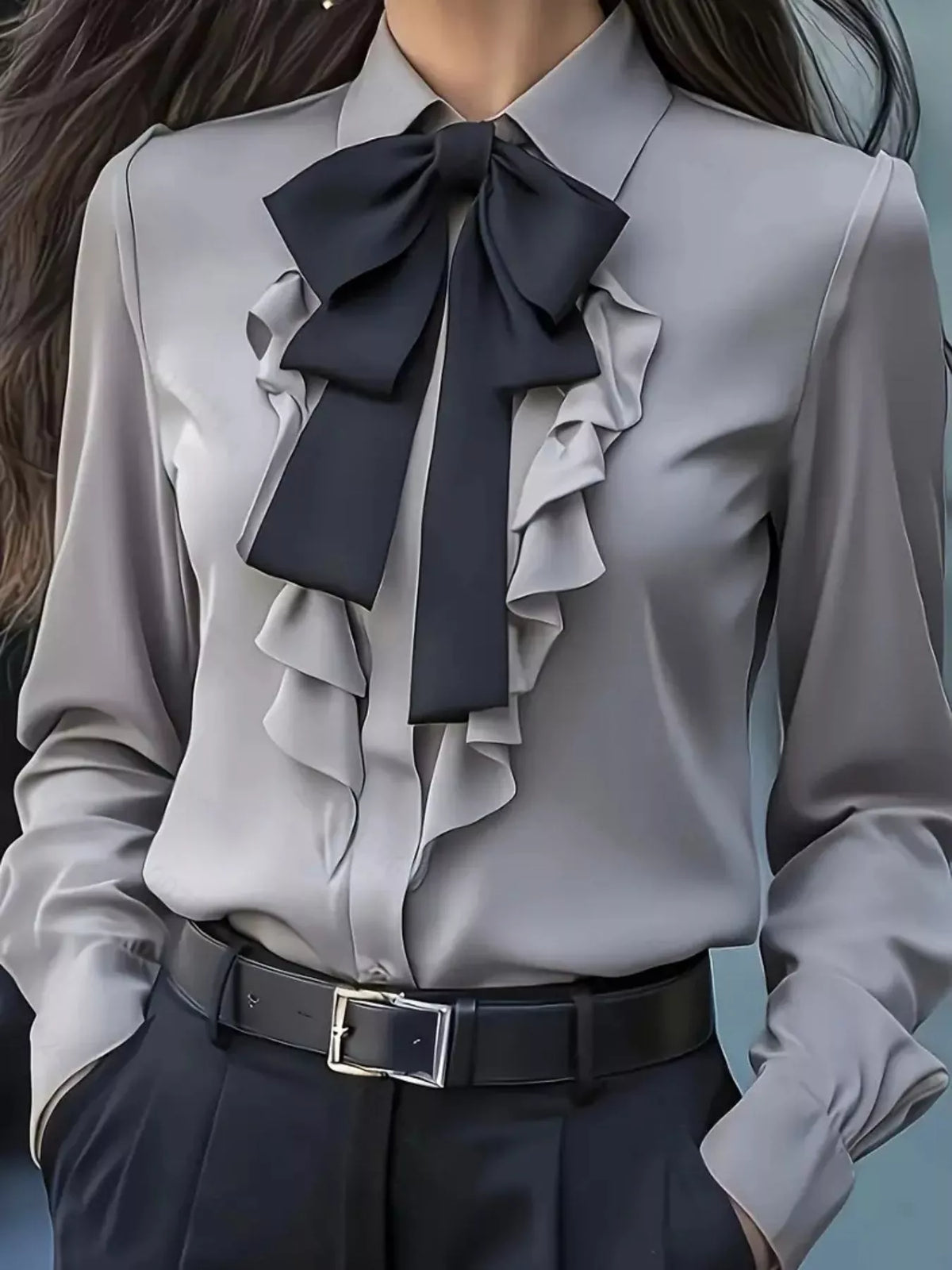 Ruffled Tie Front Long Sleeve Blouse - Gray - View 4