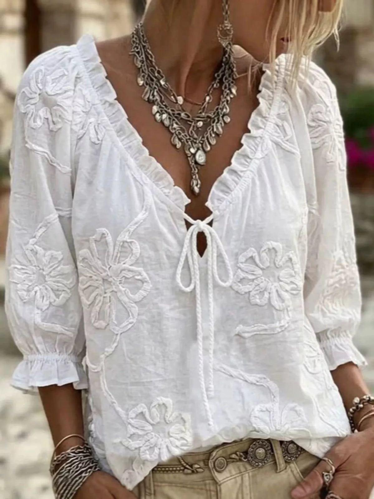 Floral Tie Neck 3/4 Sleeve Blouse - White - View 1