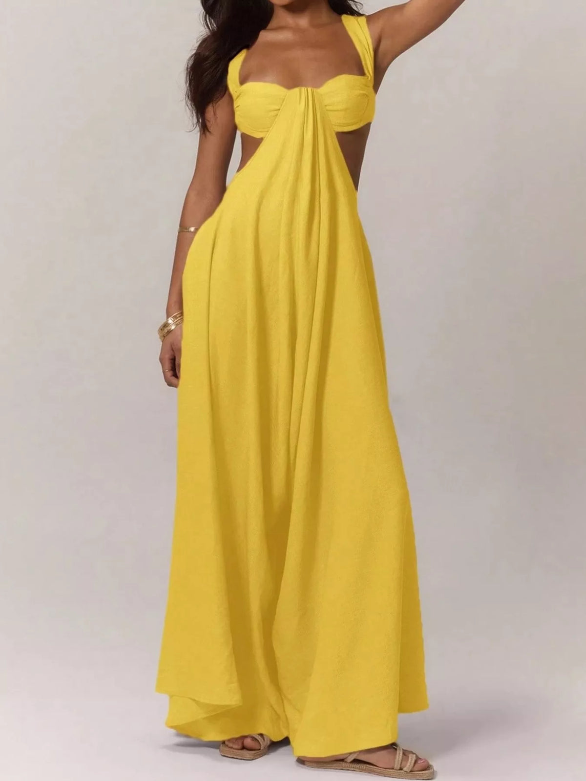 Backless Wide-Leg Jumpsuit with Cut-out Detail - Yellow - View 16