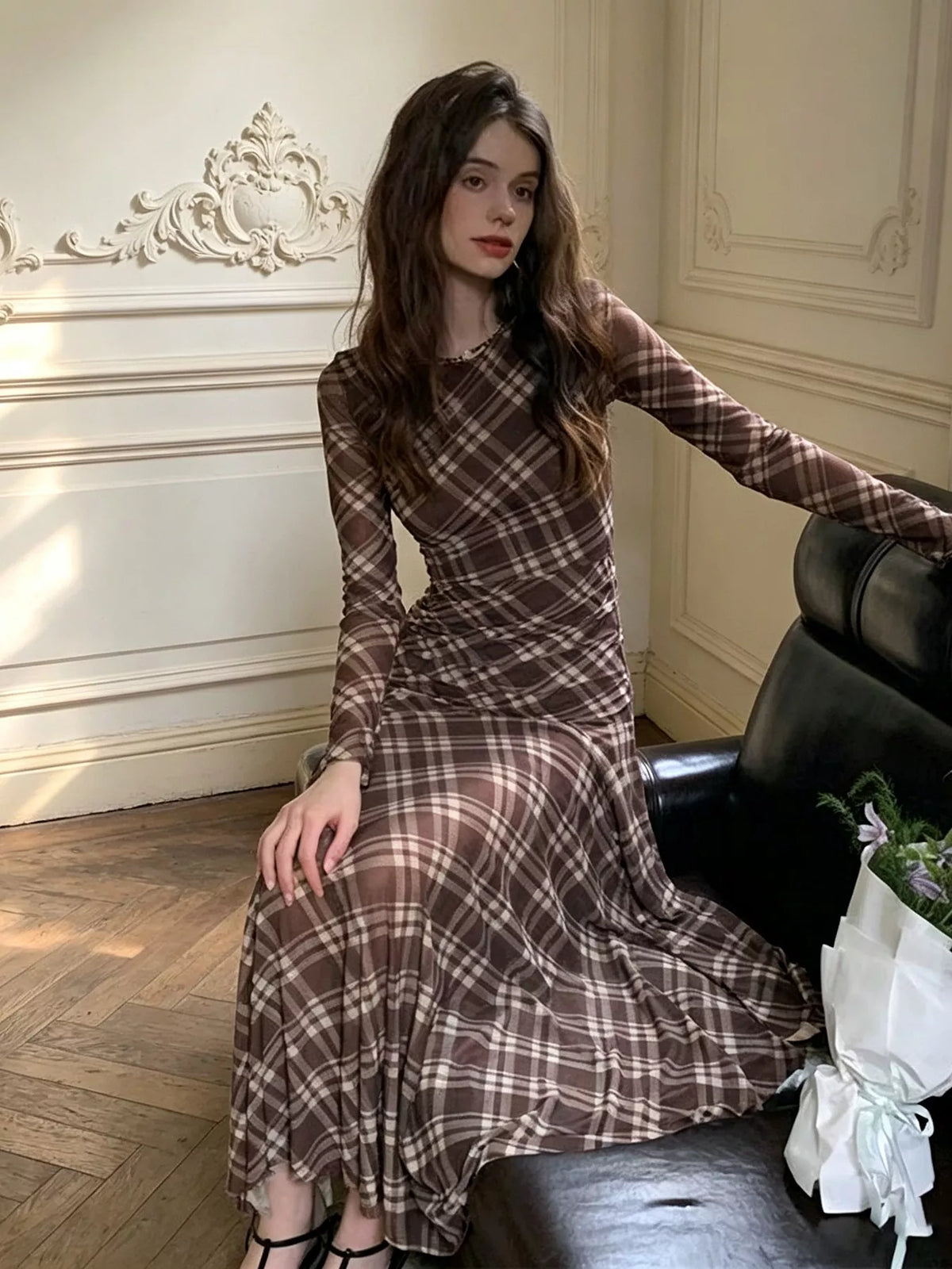 Plaid Long-Sleeve Slim-Fit Maxi Dress - Brown - View 5