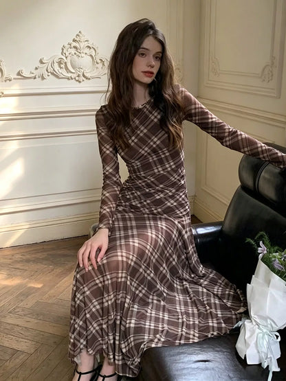 Plaid Long-Sleeve Slim-Fit Maxi Dress - Brown - View 5