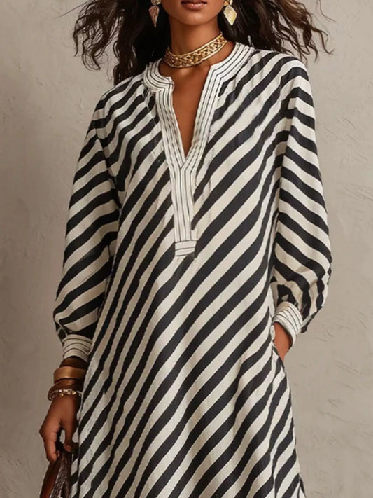 Striped Long Sleeves Maxi Dress - Black - View 2