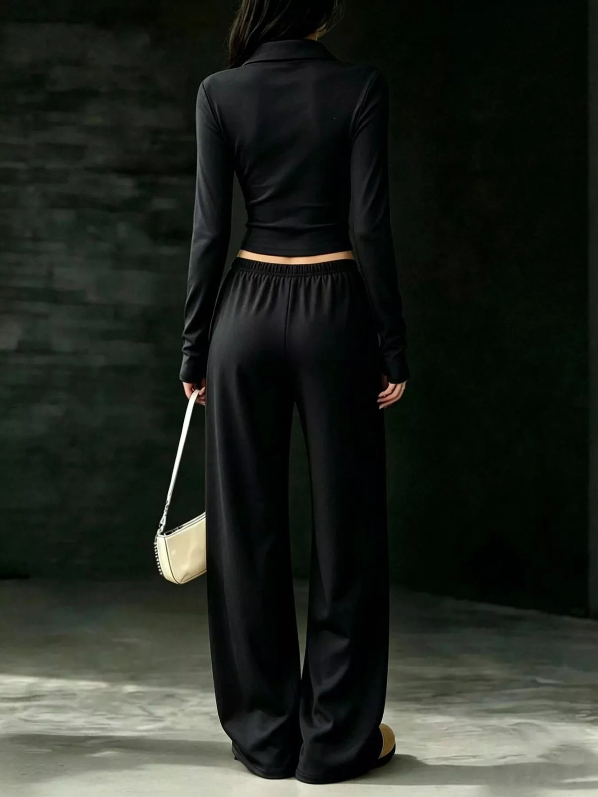 Solid Color Long Sleeve Polo Collar Top and Wide Leg Pants Set - Black - View 5