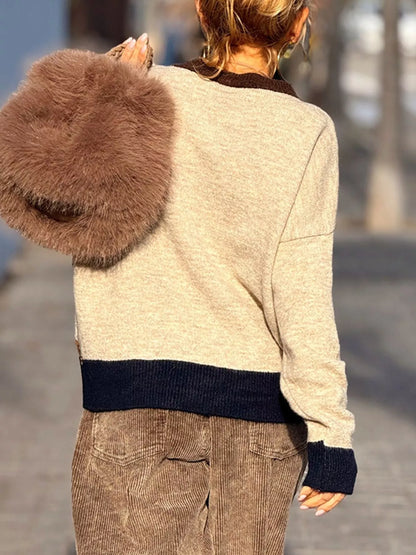 Contrast Trim Crew Neck Sweater - Coffee Brown - View 6