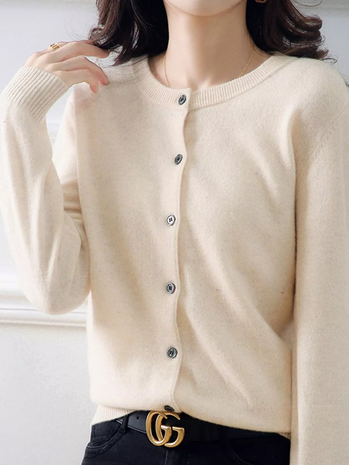 Crew-Neck Button-Down Cardigan - Beige - View 1