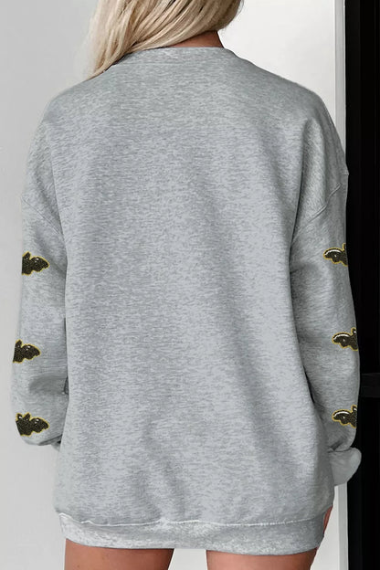 Sequin SPOOKY Halloween Bat Embellished Sleeve Pullover Sweatshirt - Gray - View 7