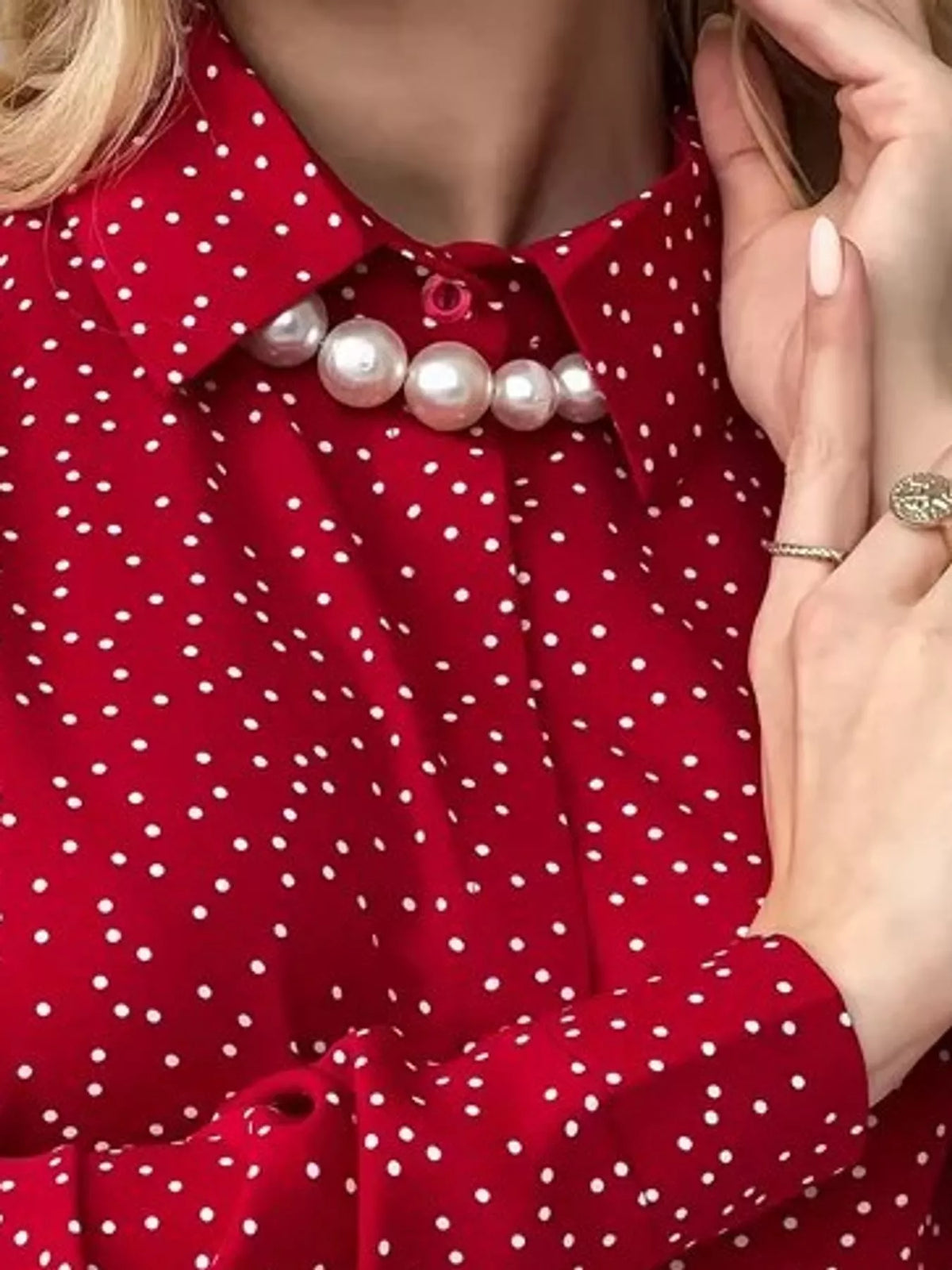 Button Up Long-Sleeve Shirt - Red-Polka Dot - View 2