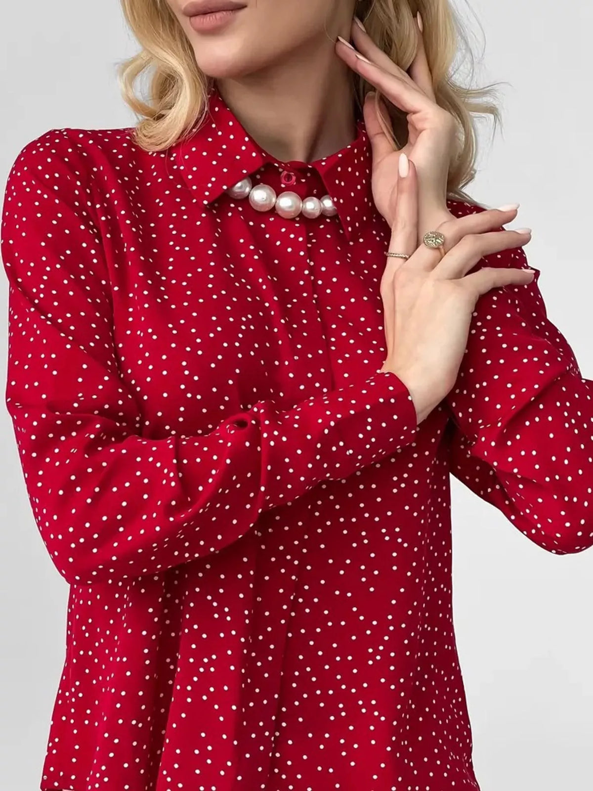 Button Up Long-Sleeve Shirt - Red-Polka Dot - View 101