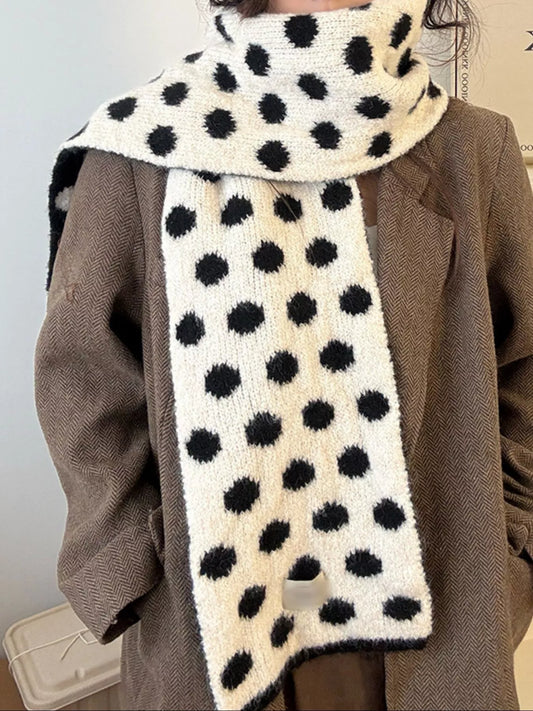 Polka Dot Knitted Scarf - Black - View 1