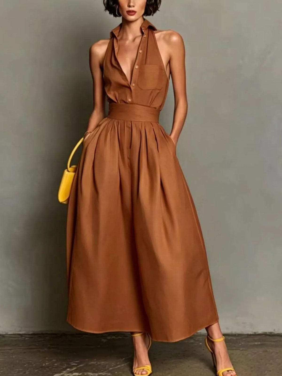 Sleeveless Collared A-Line Midi Dress - Caramel - View 1