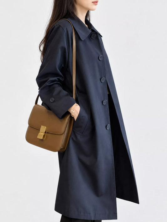 Classic Minimalist Single-Breasted Trench Coat Outerwear - Navy Blue - View 2