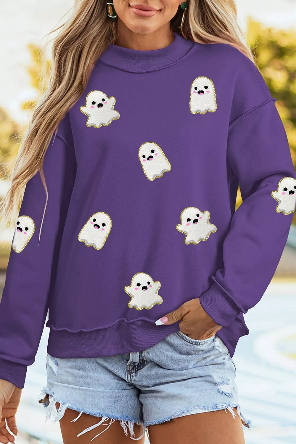 Halloween Ghost Mock Neck Tunic Sweatshirt - Mauve - View 3