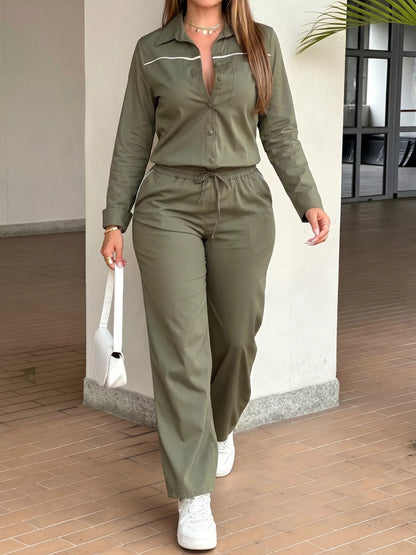 Button Front Jumpsuit with Drawstring Waist - Army Green - View 4