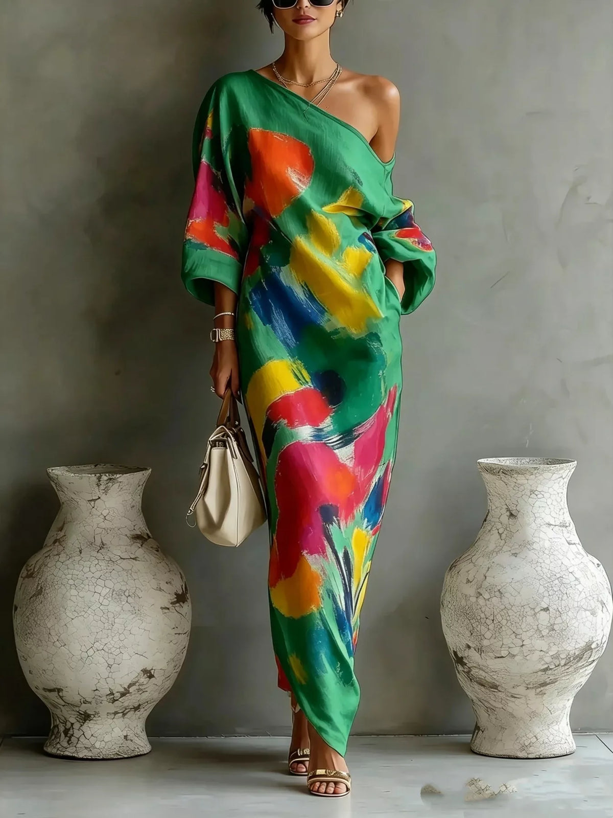 Full Size One-Shoulder Abstract Print Loose Fit Maxi Dress Plus Size - Green - Original supplier view 9