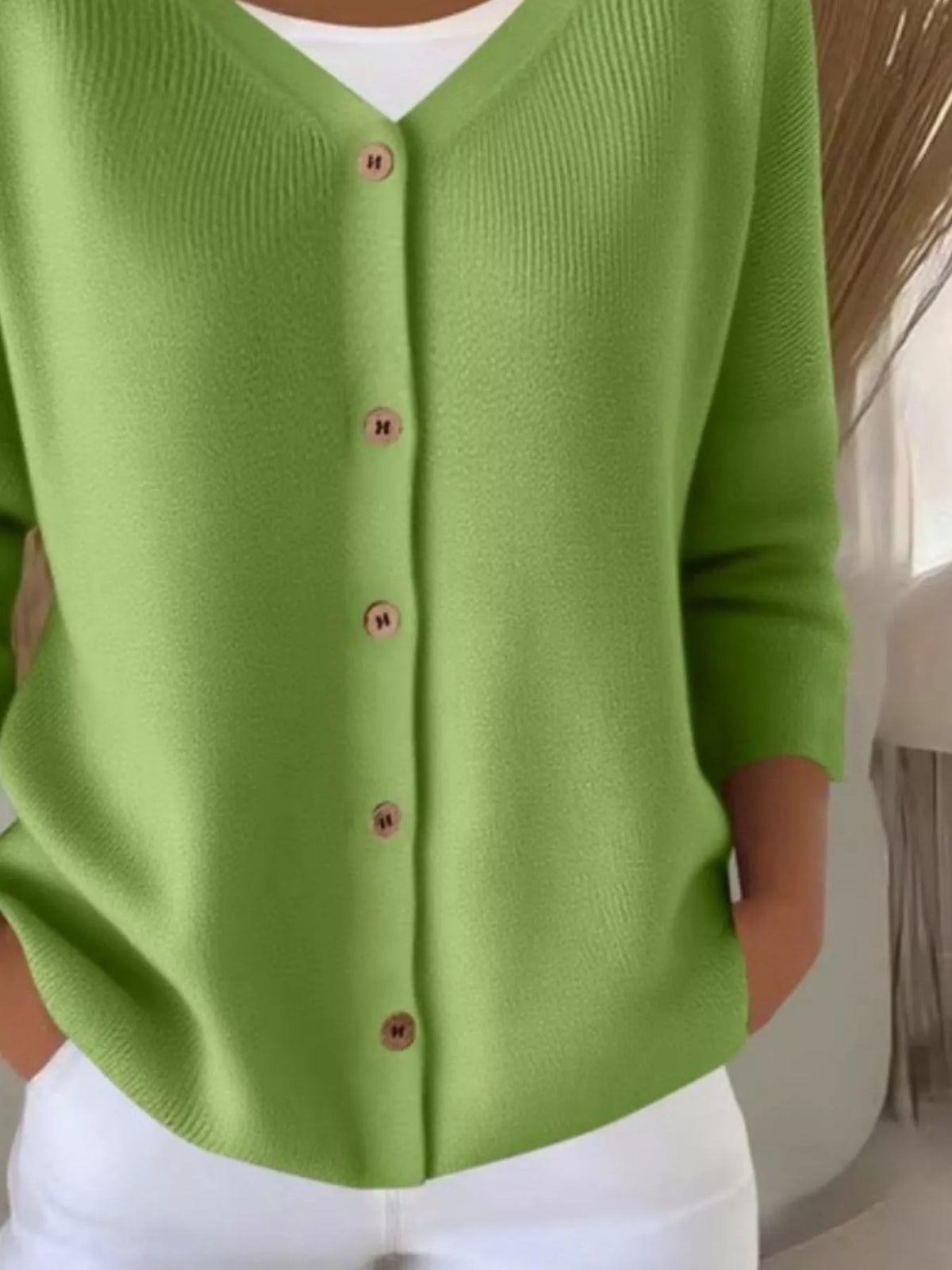 V-Neck Button-Down Ribbed Knit Cardigan - Green - View 3