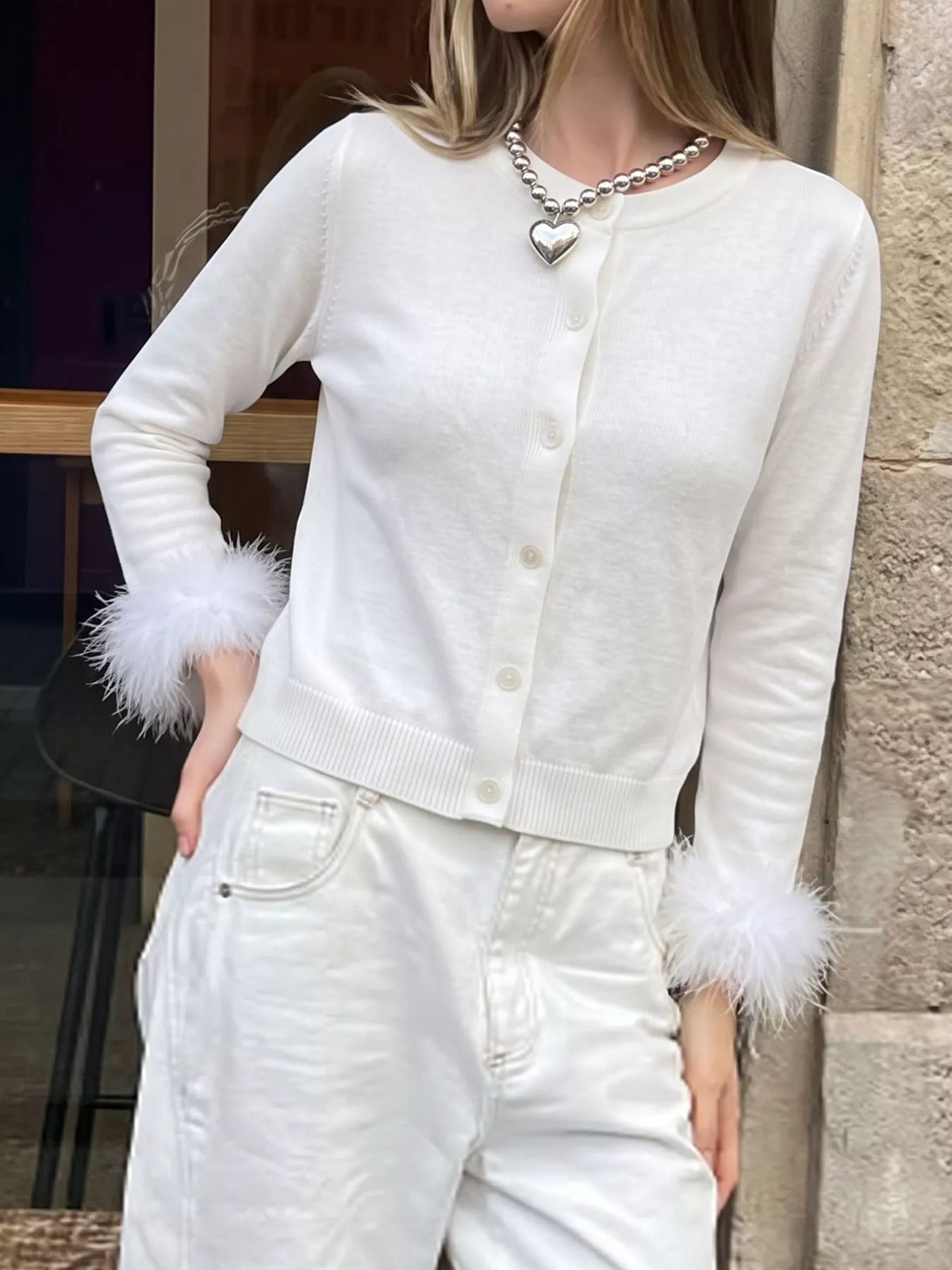 Fuzzy Cuffs Button Up Cardigan - White - View 2