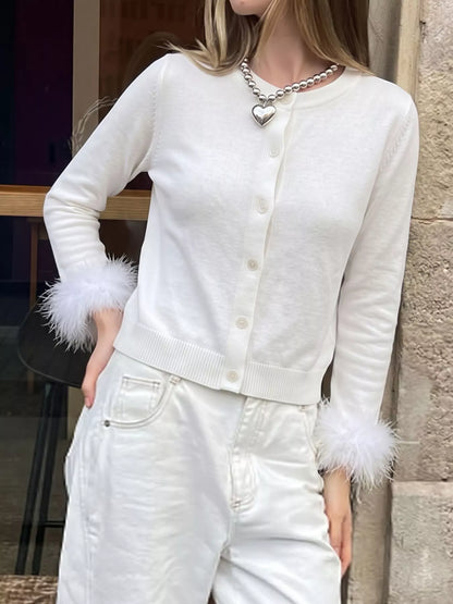 Fuzzy Cuffs Button Up Cardigan - White - View 2