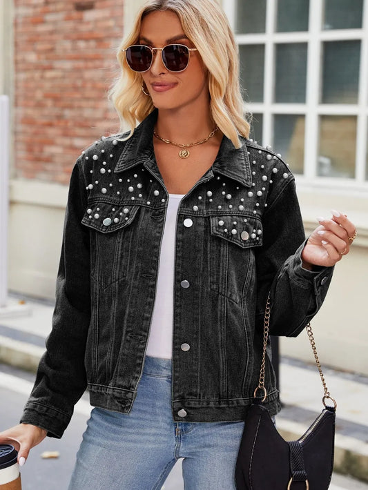 Pearl Detail Collared Neck Long Sleeve Denim Jacket - product photo 1