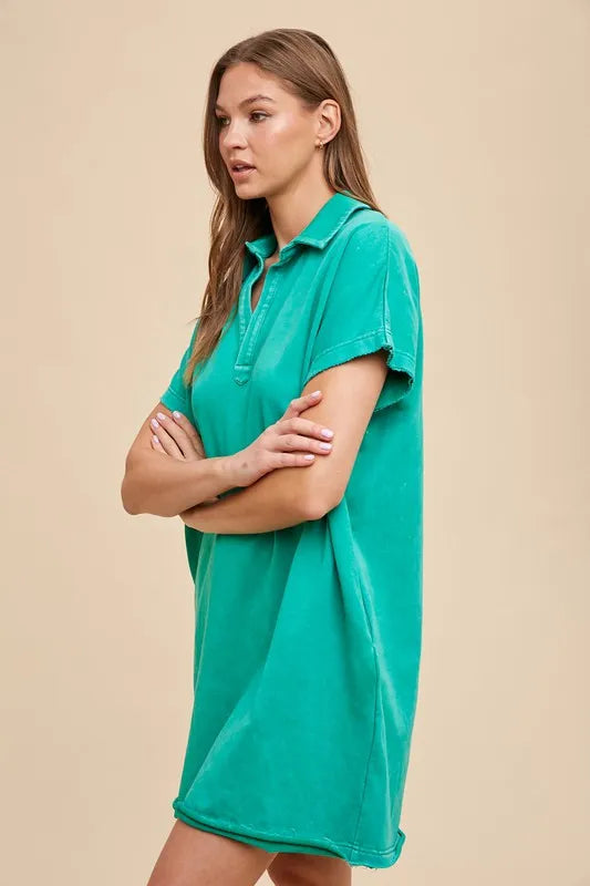 Annie Wear Mineral Washed Johnny Collar Short Sleeve Dress - Turquoise - View 2