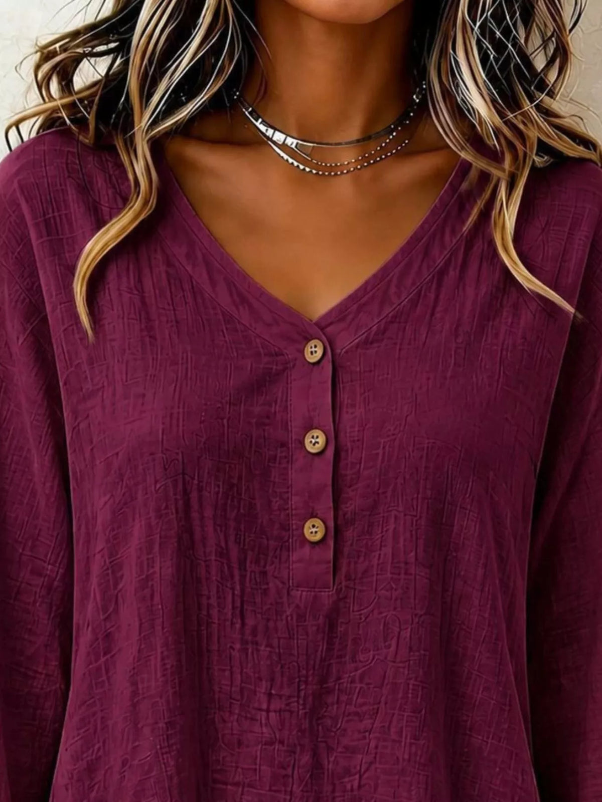 V-Neck Long Sleeve Button Detail Ruffled Hem Blouse - Burgundy - View 2