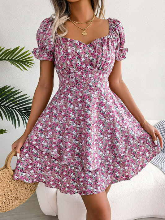 Floral Sweetheart Neck Flounce Sleeve Mini Dress - Magenta Floral - View 1