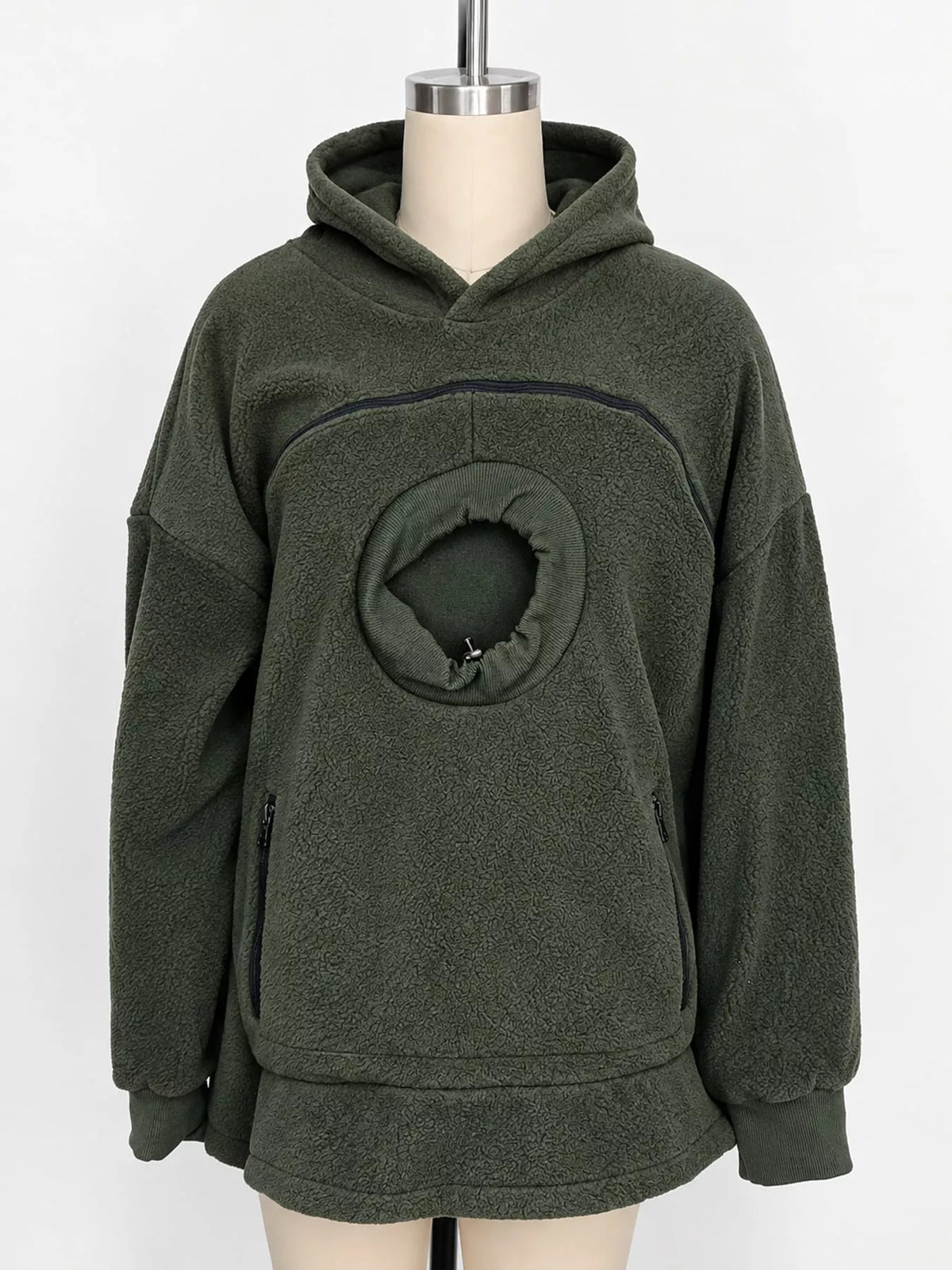 Full Size Fleece Pet-Carrying Hoodie with Cat Pouch Plus Size - Olive Green - View 7