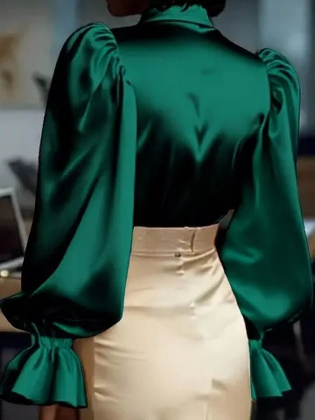 Satin Button Up Flounce Sleeve Shirt - Green - View 6